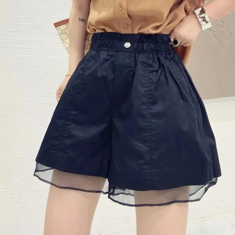 2023 Zomer Koreaanse Van Hoge Taille Wijde Broek Vrouwen Westerse Stijl Design Gevoel Organza Patchwork Shorts Toevallige broek Dames