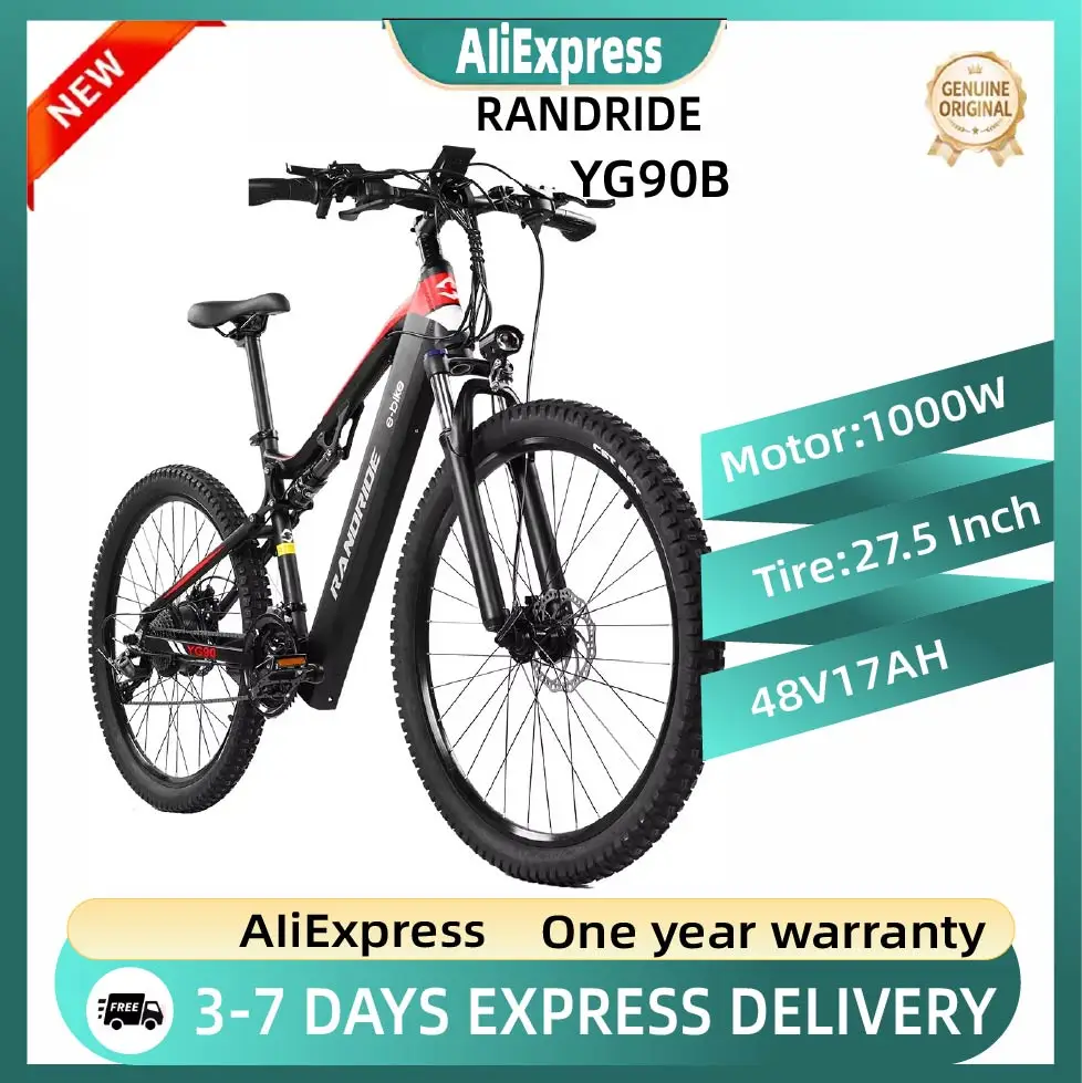 RANDRIDE YG90B Vélo électrique Moteur puissant 1000W Vitesse maximale 45 km/h Autonomie jusqu'à 70-90 km Pneus CST 27,5'' 120 kg