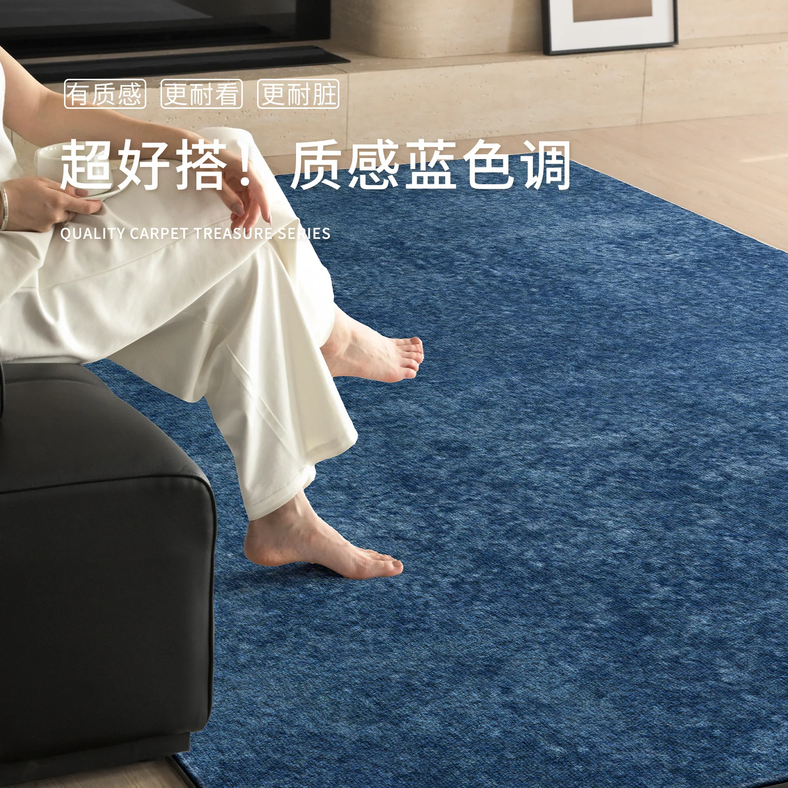 2026 dopamine wind carpet, living room art wind solid color, bedroom bedside floor mat, blue plush, no-wash, wipe-free care