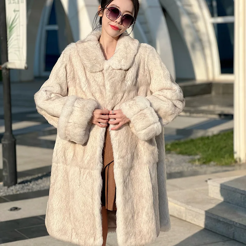 2024 Woman Whole Skin Fur Rabbit Hair Fashionable Contrast Lapel Young Medium And Fur Coat Lady Woman Winter  New