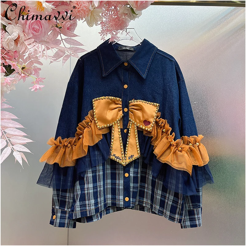 American Highstreet Fashion Trend Diamond Bow Mesh Splicing Plaid Polo Neck Long Sleeve Loose Casual Denim Shirts Blouses Women