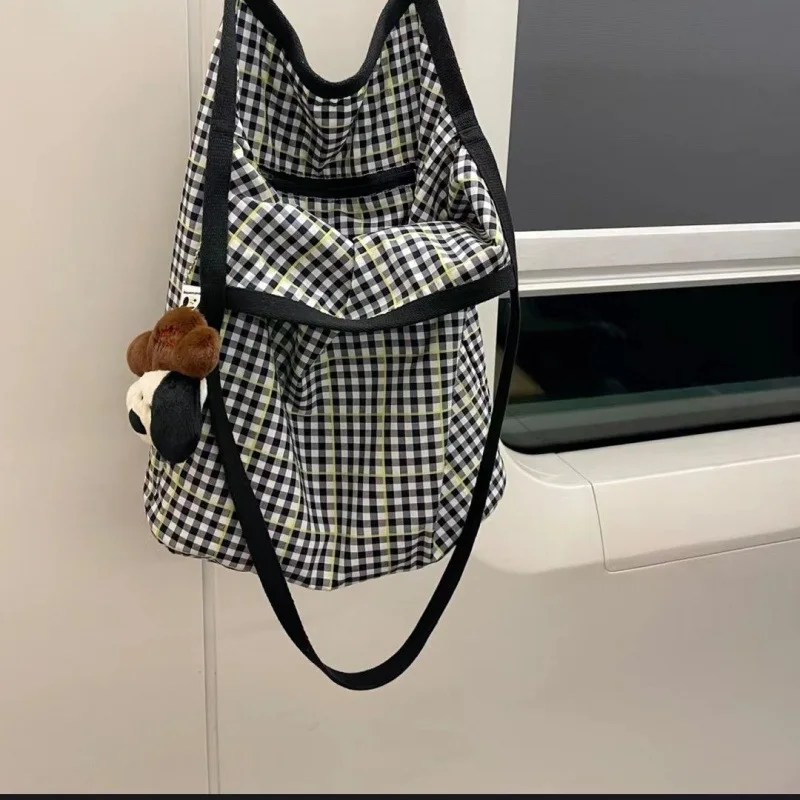 Bolso de lona a cuadros con diseño de nicho para mujer, bolsa de compras a rayas, bolso de hombro de viaje de gran capacidad para estudiantes