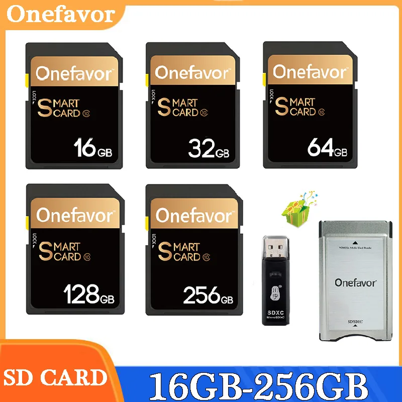 Onefavor SD Card 16GB 32GB 128GB 256GB U3 SDHC Memory SmartCard 90MB/S For Nikon Canon Camera With Adapter PCMCIA Card