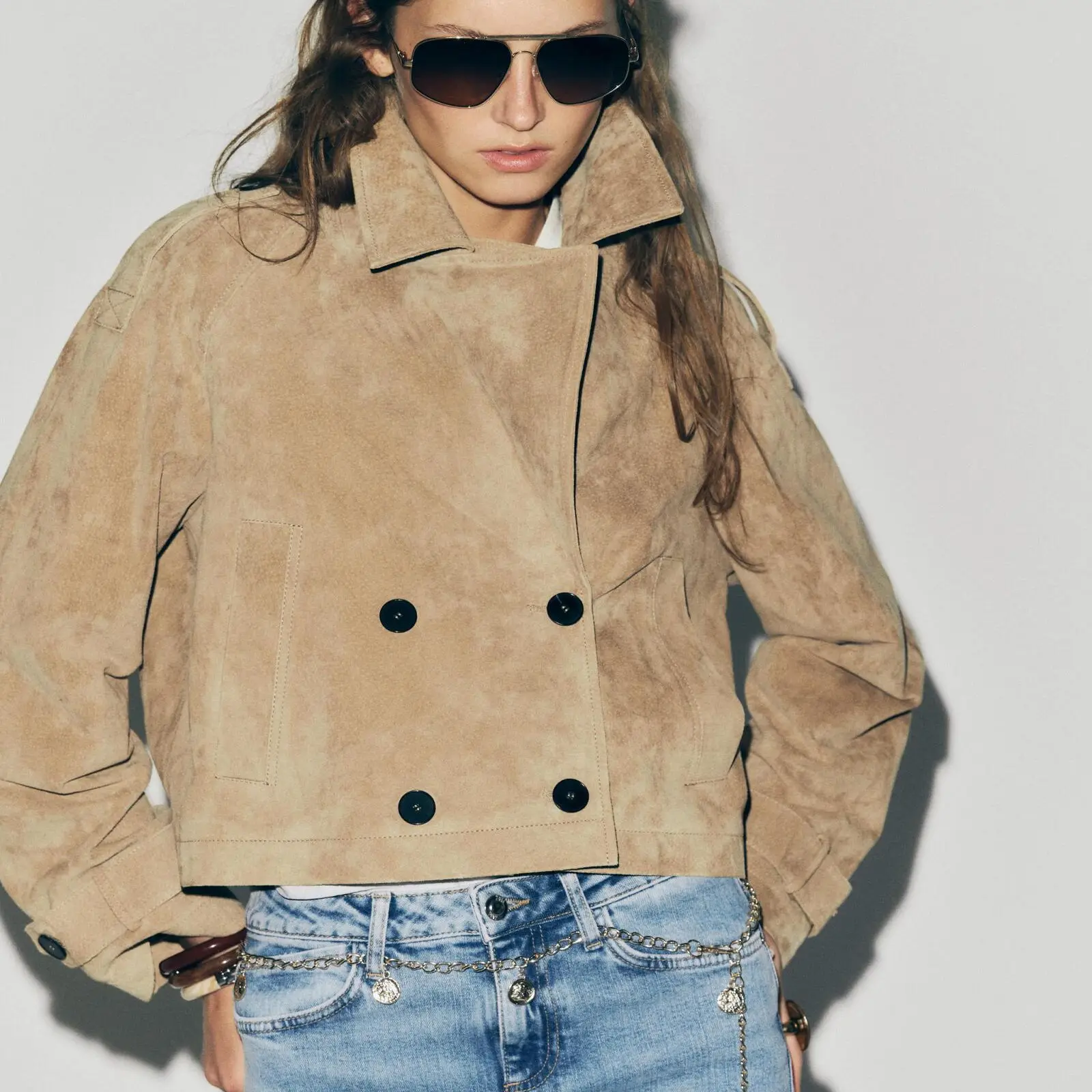 

New Autumn 2025 Women's Khaki Long Sve Collar Double Buttoned Coat Versatile Quali Faion Casual Loose Fit ort Outerwear