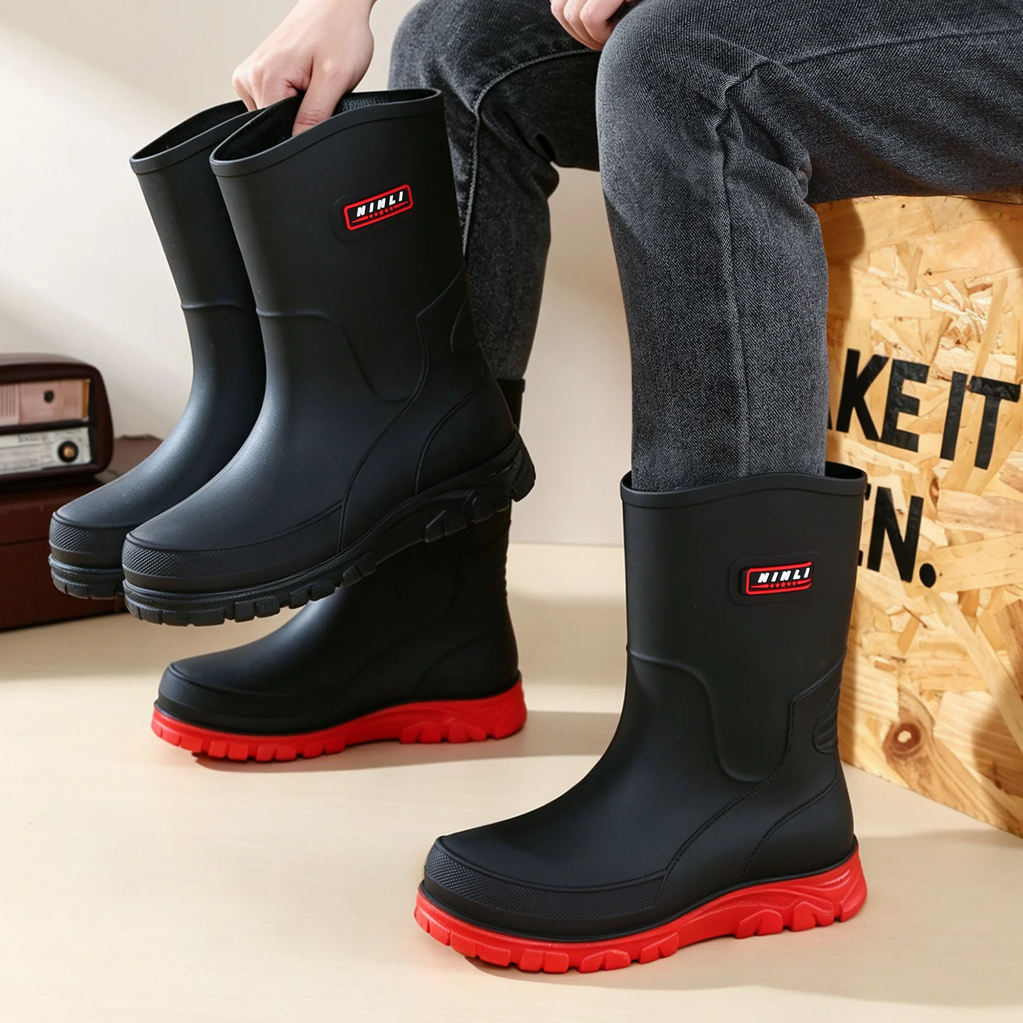 Outdoor Work British Style Anti Slip Waterproof Drawstring Drum Mouth Four Season Universal Men's Rain Boots