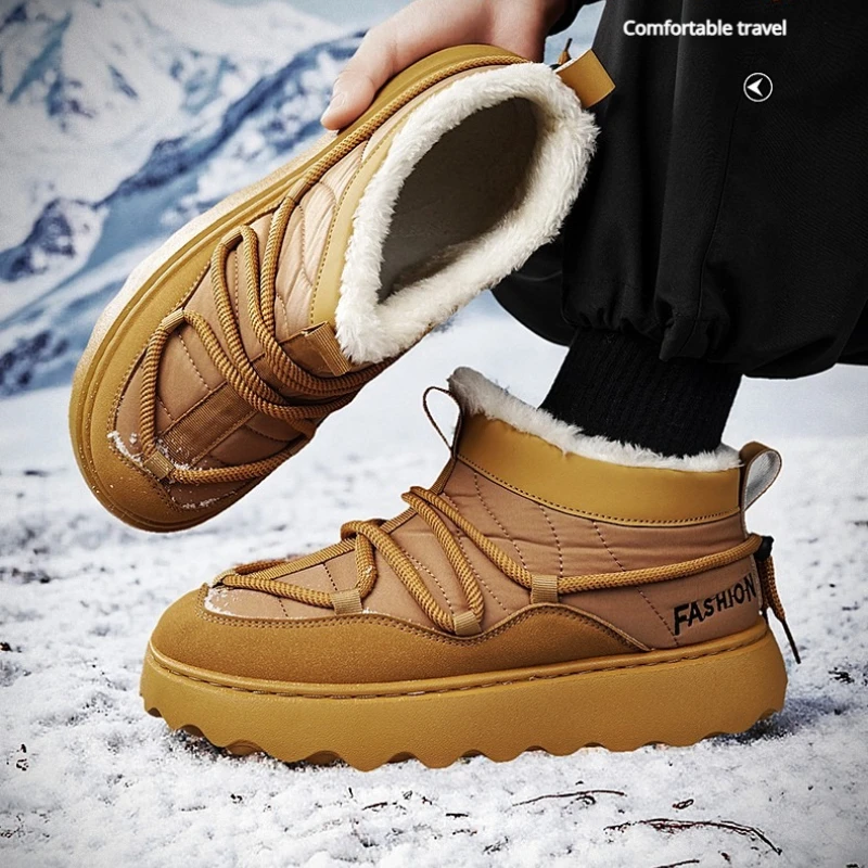 

Winter Fleece Large-sized Round Toe Flat Heel Outdoor Anti-slip Solid Color Belt Brand Original High-quality Warm Cotton Boots