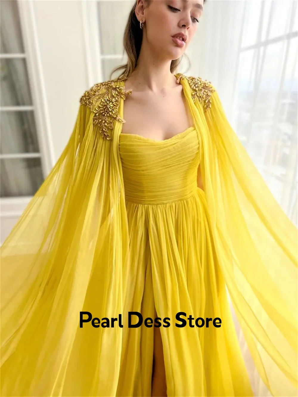 

2024 Summer Fashion Side Split Yellow sheer Dress for Women's Elegant Sleeveless A-line Detachable Shawl Dress