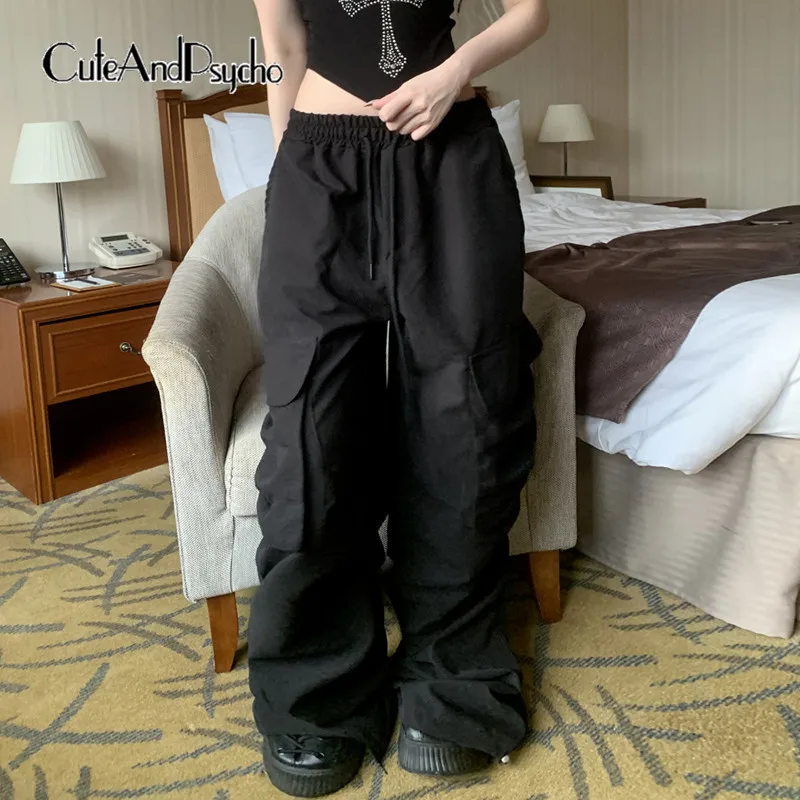 

Cuteandpsycho Casual Loose Cargo Pants Chic Y2K Floor Length Wide Leg Bottoms Vintage Fashion Mid Waist Pleated Pockets Trousers