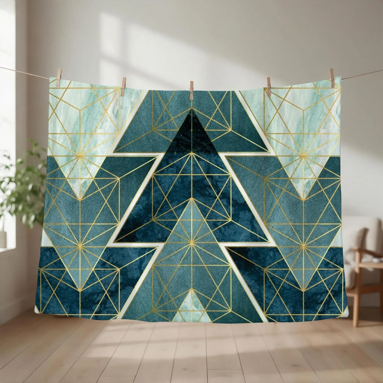 Geometric Excellence in Teal Throw Blanket couch cozy soft plush fuzzy picnic outdoor blanket