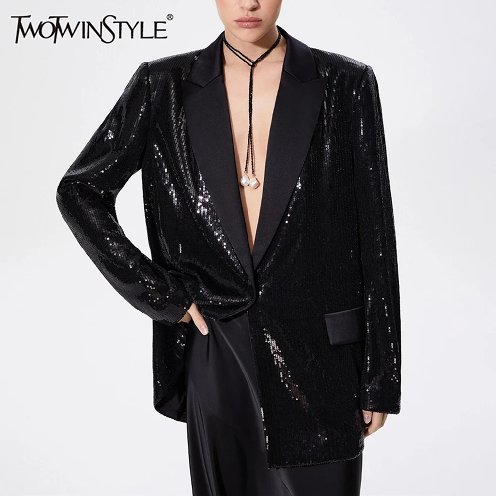 

TWOTWINSTYLE Solid Spliced Button Blazers For Women Notched Collar Long Sleeve Patchwork Sequins Chic Blazer Female Fashion New