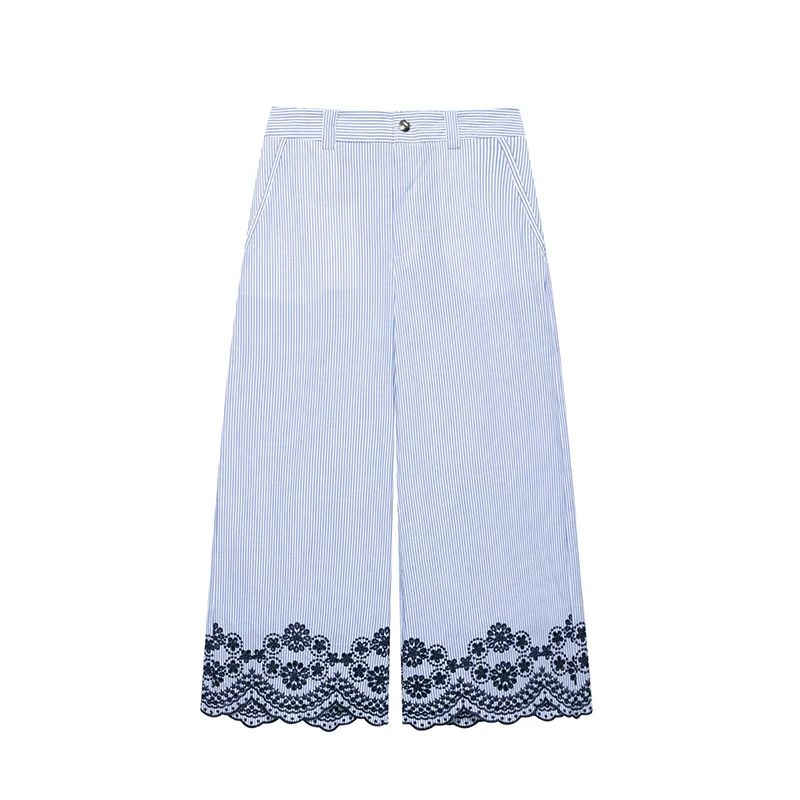 

RAFZNB Women Fashion Embroidery Striped Pants Summer High Waist Wide Leg Pants Casual Female Trousers