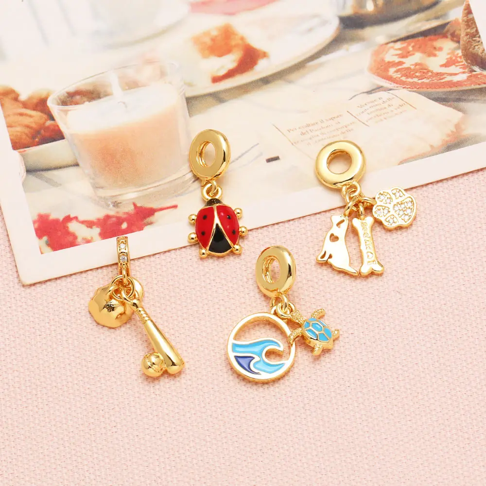 OCESRIO Trendy Enamel Turtle Sea Wave Pendant for Necklaces Copper Gold Plated Baseball Beetle Jewelry Making Component pdtb682