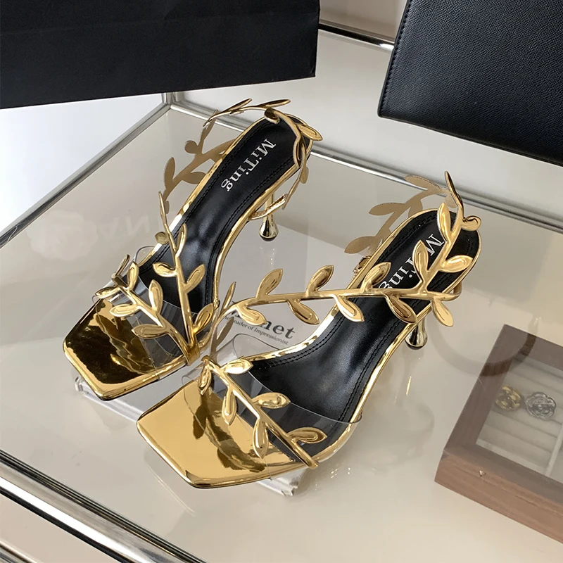 

Fashion Sexy Square Toe Open Toe Leaf Transparent Women Summer High Heeled Sandals Banquet Wedding Shoes