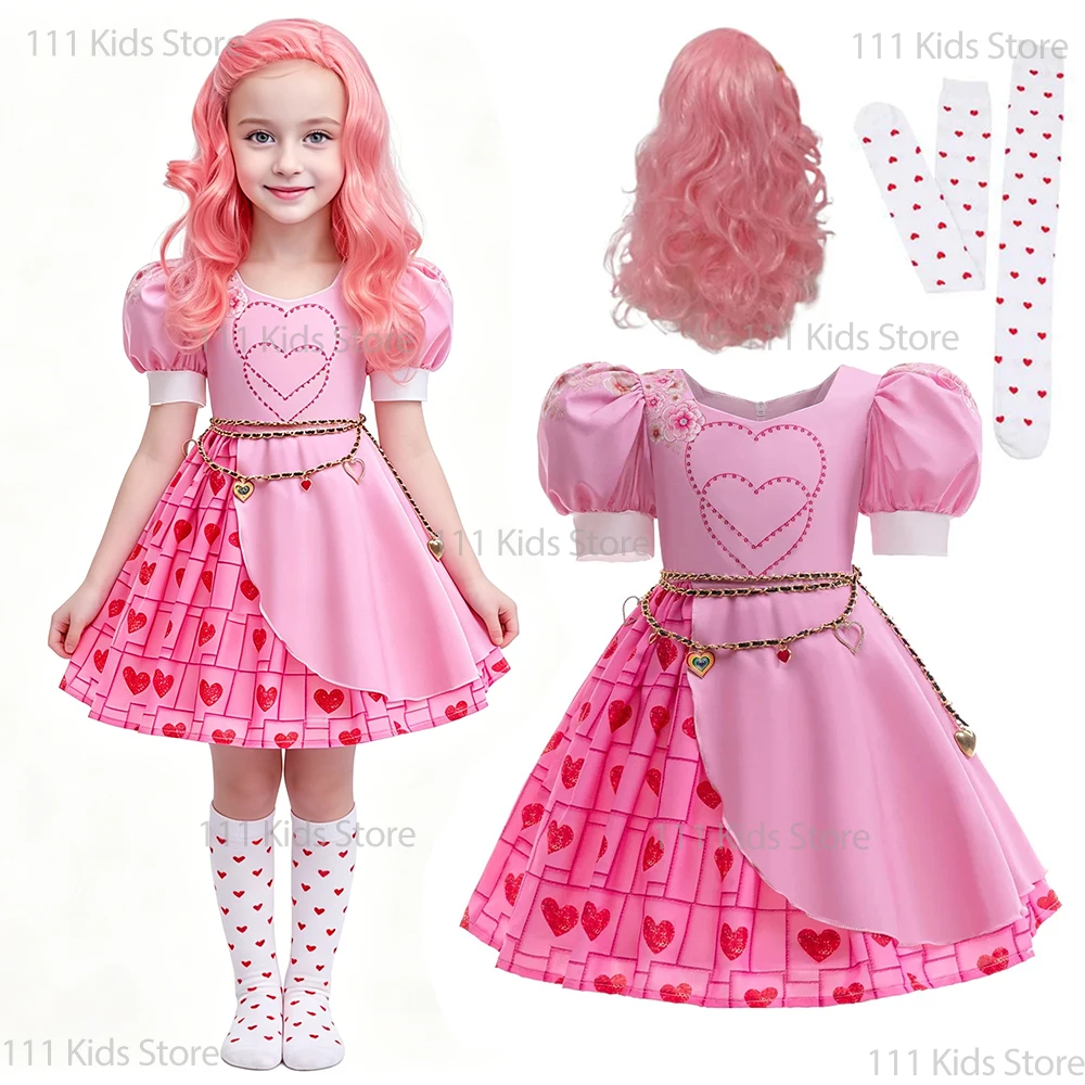 Children's Clothing Rise Red Queen Cosplay Costume Bridget Pink Dress with Accessory Girls Summer Dress Birthday Gift Carnival