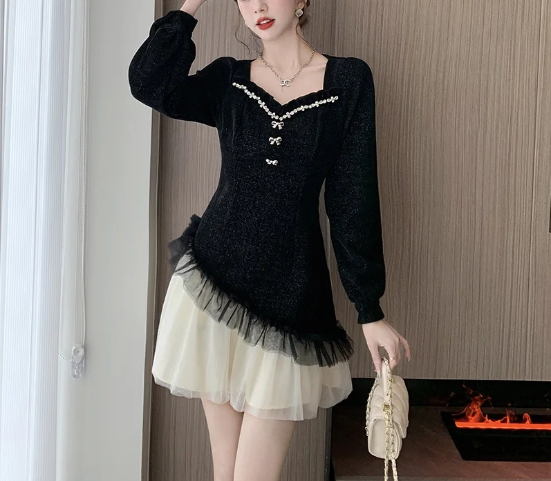 2023 Autumn/Winter New High end Heavy Industry Splicing Colored Mesh Waist Wrapped Dress, Fluffy Skirt, Long sleeved Short Skirt