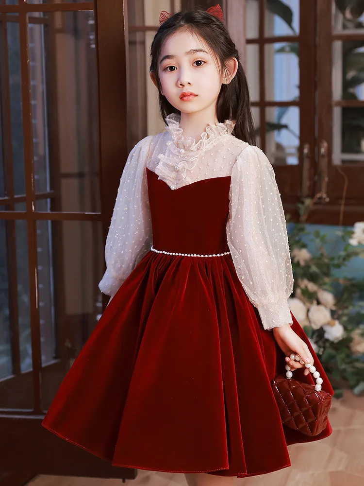 New Luxury Evening Dress for Girls Children Beading Ball Gowns Children Piano Performance Costume Teenagers Elegant Red Vestidos