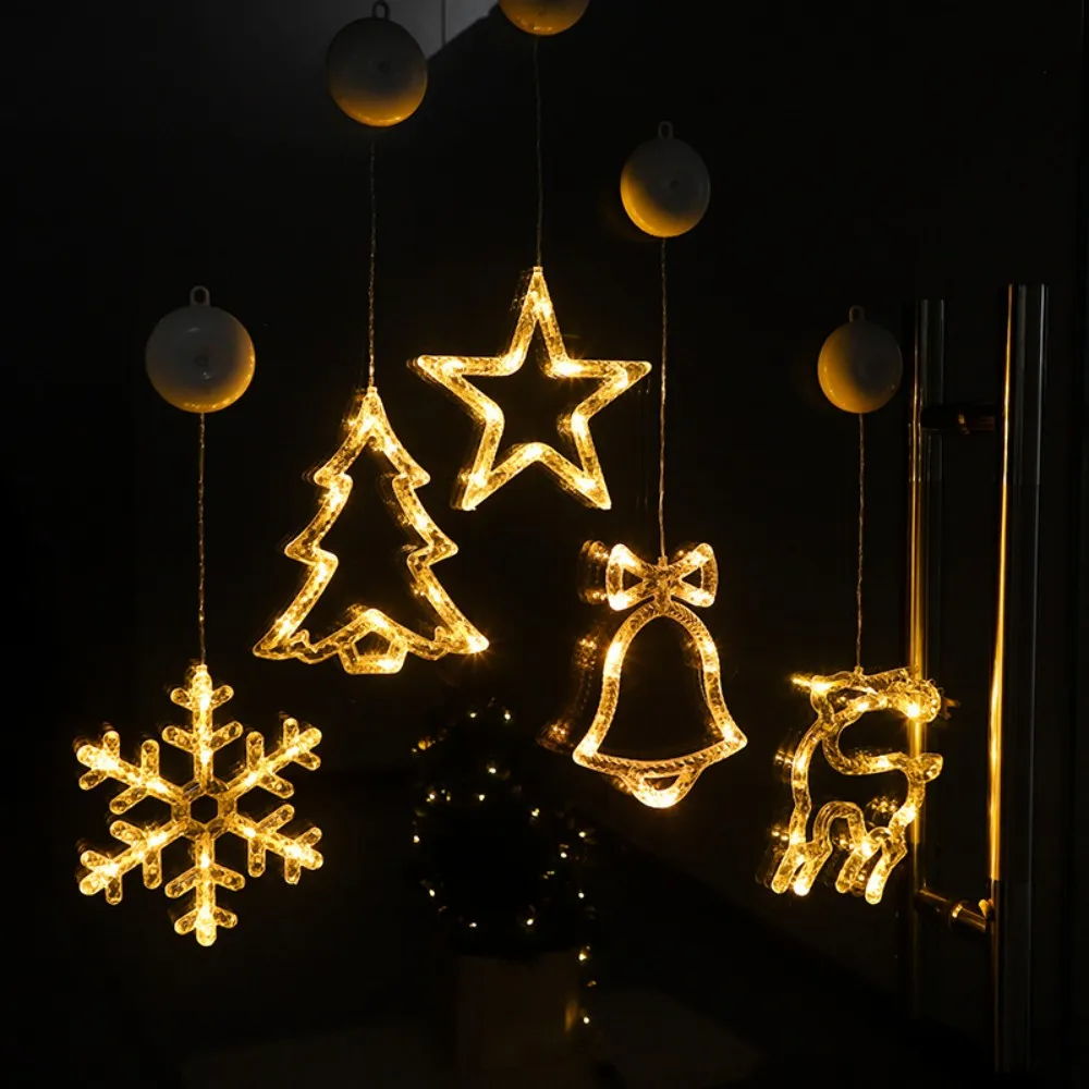 Natal led janela pendurado decorações, estrela santa floco de neve sino veado árvore em forma de luzes de fadas, ornamentos festivos