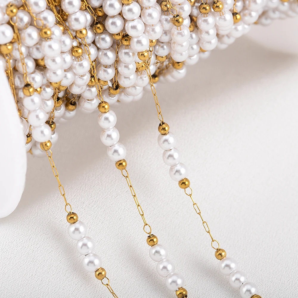 1 Meter Stainless Steel 3mm Gold Beaded Stone Pearls Chains for DIY Jewelry Findings Necklace Bracelet Supplies Earrings Making image 2