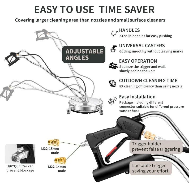 منظف أسطح الغسالة مع 4 عجلات - منظف أسطح بمقبض مزدوج من الفولاذ المقاوم للصدأ لمرفق غسالة الضغط f