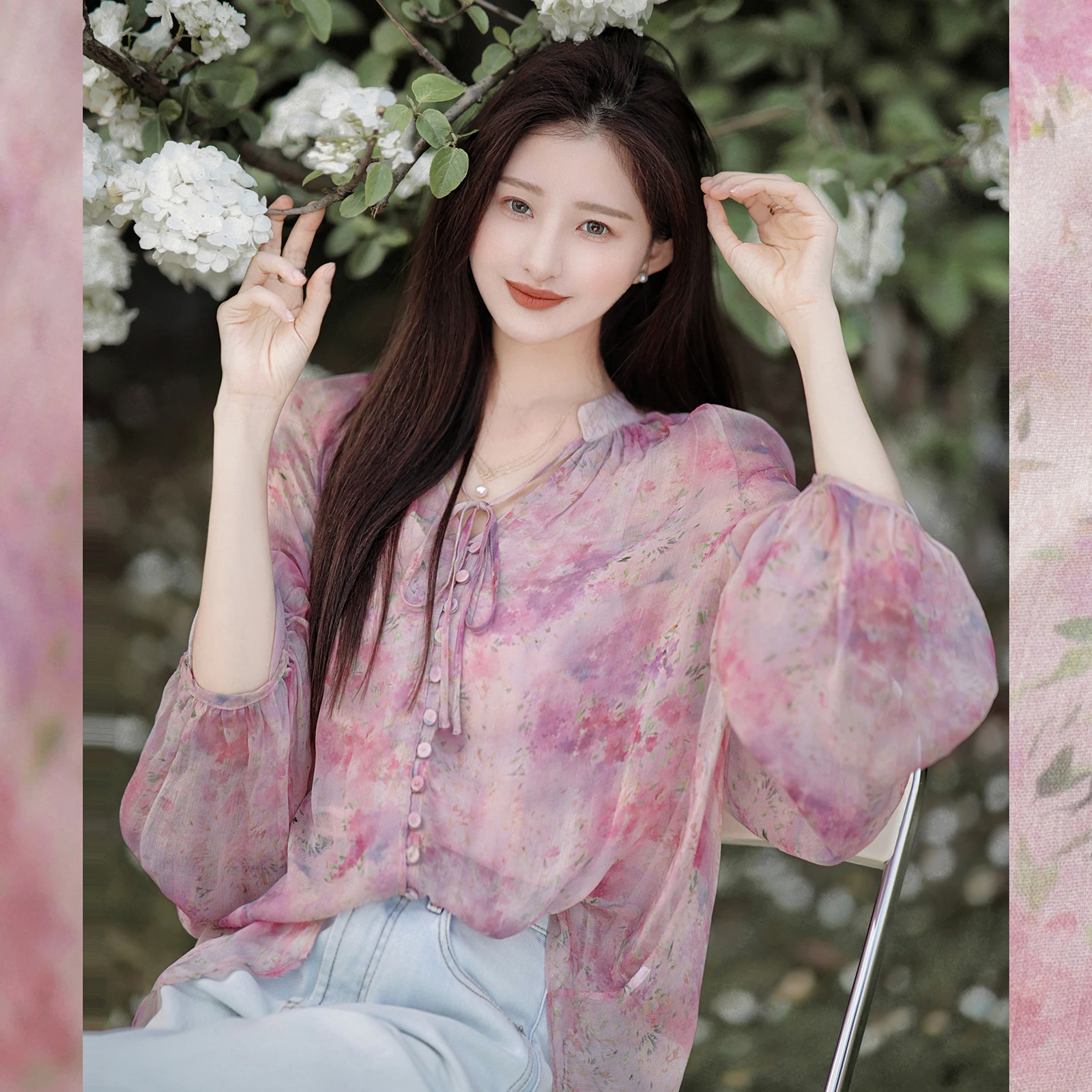 

Романтическое платье с цветочным принтом и текстурой, оригинальный дизайн, серия Alice, шифон, с пуговицами, прямой крой, длинный рукав, V-образный вырез