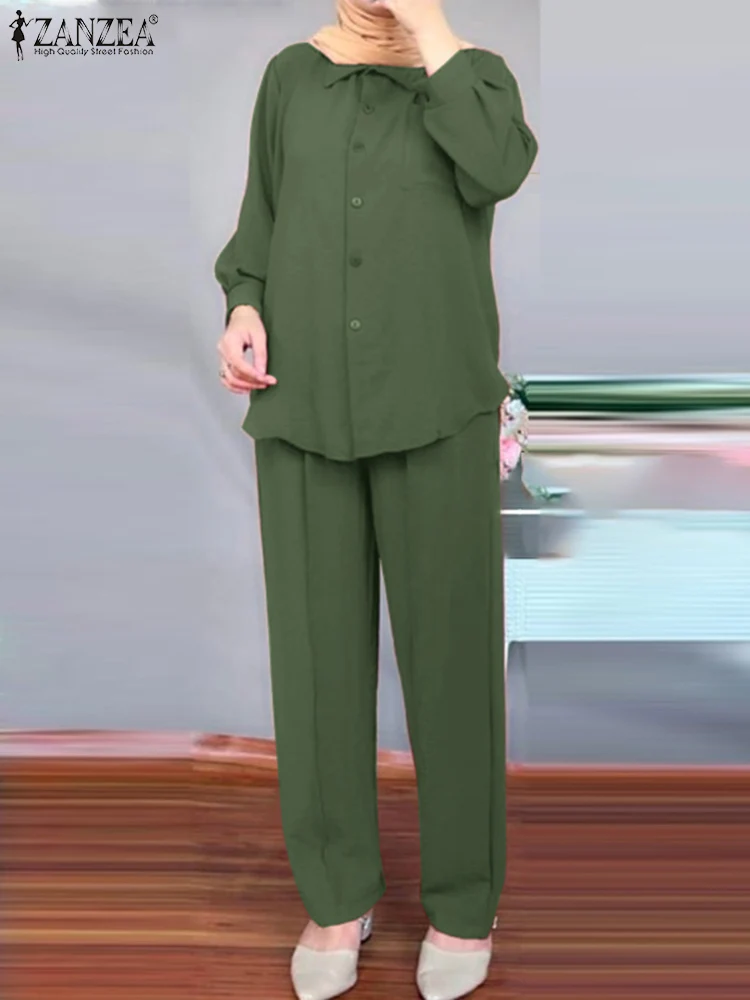 

ZANZEA Women Casual Matching Sets Female Lapel Shirt Elastic Waist Pantsuits Oversize Muslim Sets Fashion Tracksuits Work Outfit