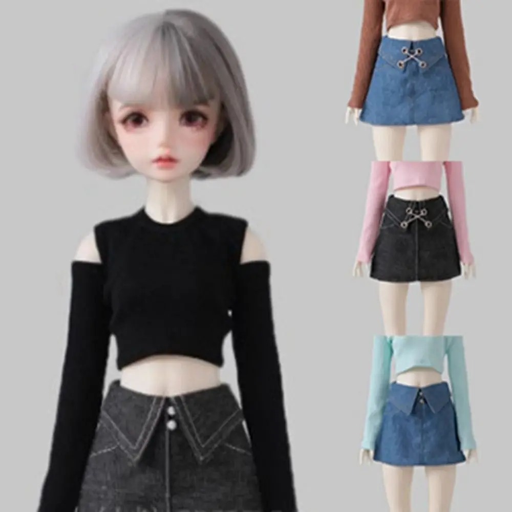 Moda fora do ombro camiseta bonito com corrente saia jeans mini acessórios diy saia de princesa roupas para 1/6 bjd 30cm bonecas