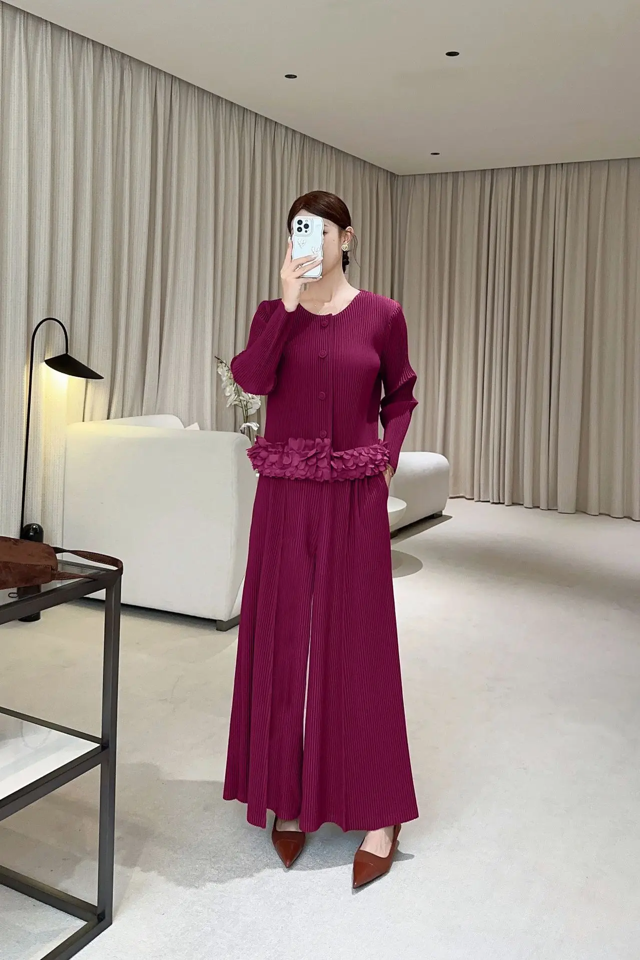 Miyake haut de gamme à la mode automne nouveau costume femmes boutonnage veste à manches longues + taille haute pantalon à jambes larges ensemble deux pièces