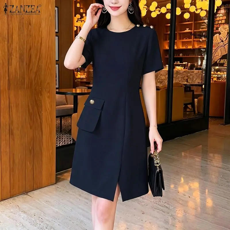 

ZANZEA Elegant Women OL Work Dresses 2026 Summer Dress O Neck Short Sleeve Sundress Stylish Solid Color A Line Party Vestidos