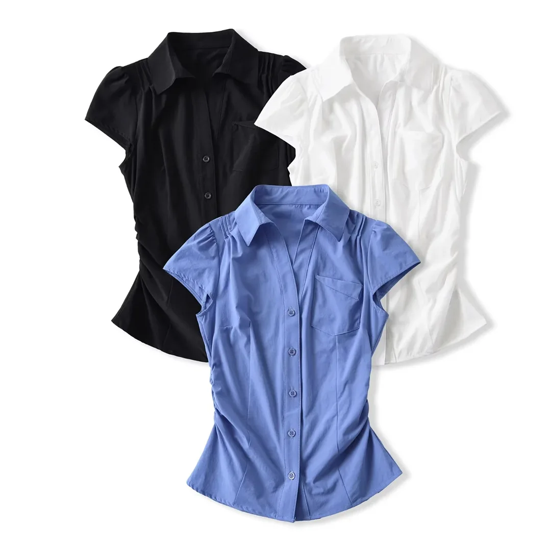 

American Style Short Sleeve Shirt Women Summer College Style Waist Cinched Slim Fit Shirt Sexy Short Length Polo Collar Top