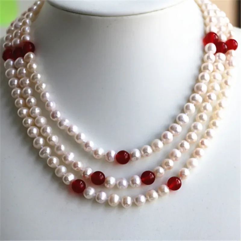 

Fashion 3rows 7-8mm natural white freshwater cultured round pearl red chalcedony beads necklace women jewelry 17-19inch