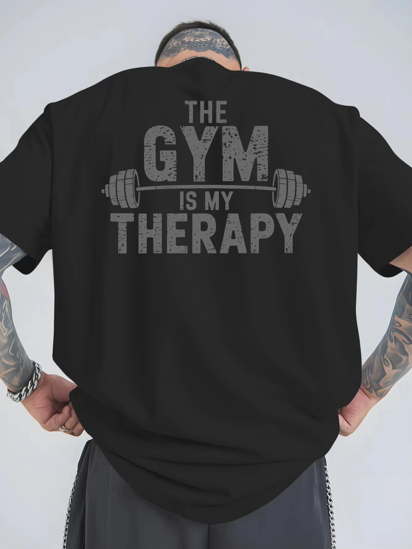Unisex T‑shirt Gym Is My Therapy Barbell Quote Graphic Tee Crew Neck Short Sleeve Fitness Workout Casual Streetwear Top