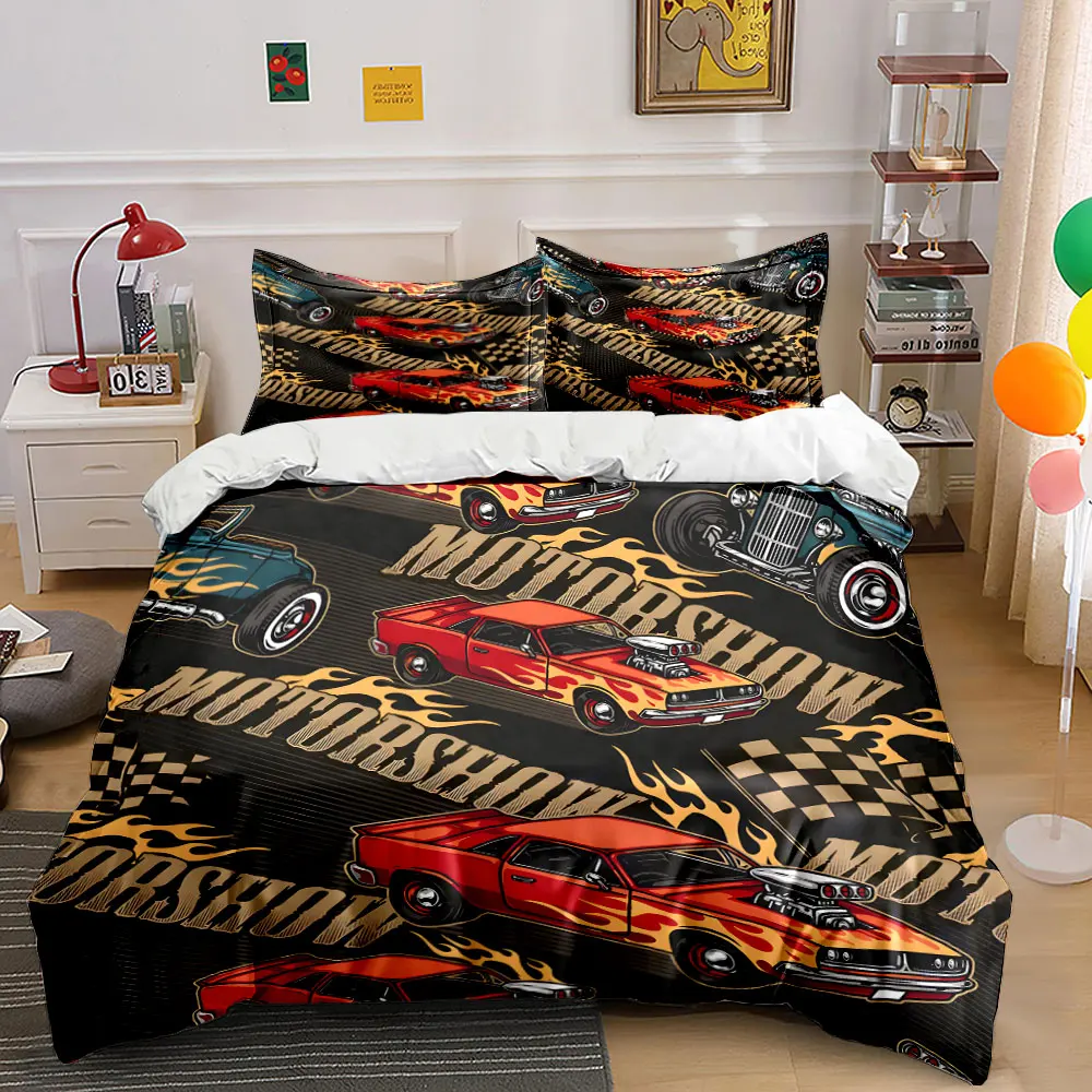 

Retro flame race car design Print Bedding Set 1 Duvet Cover 2 Pillowcases for Adult and Children Luxury Gift Full Size