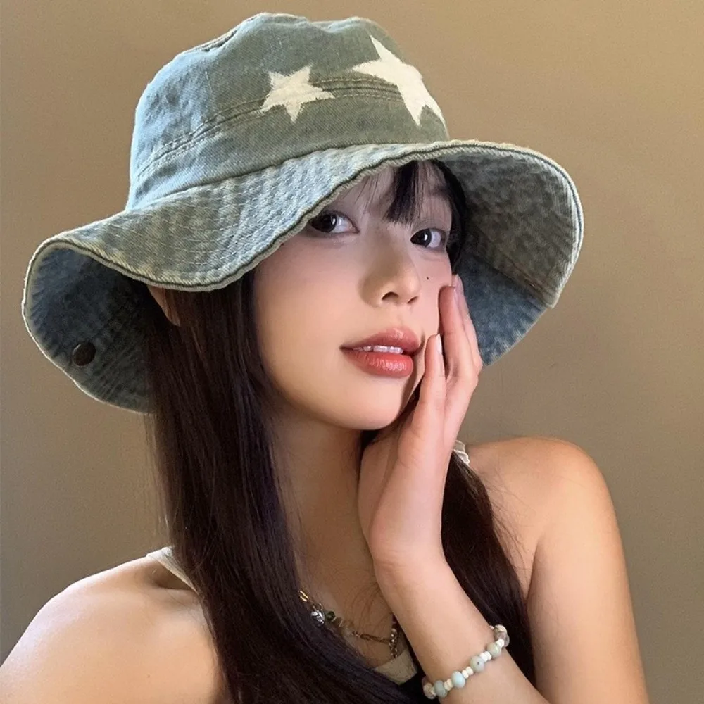 

Retro Denim Star Fisherman Hat Adjustable Y2K Outdoor Sun Hat Sunshade Wide Brim Western Cowboy Hat Camping
