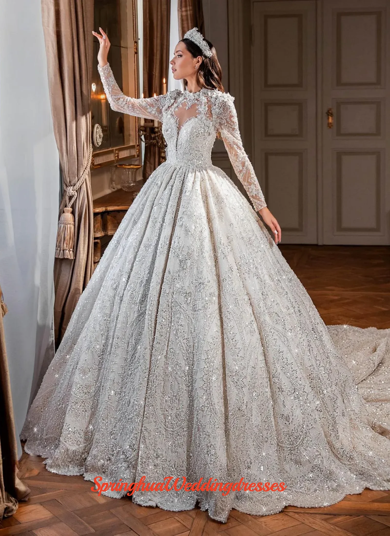 

Свадебное платье-бальное платье на заказ, с круглым вырезом, длинными рукавами, высоким воротом, кружевной аппликацией, стразами и бисером, свадебное платье, роба, Vestido De Noiva