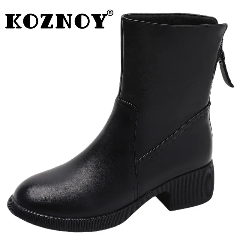 

Koznoy 3cm British Winter Ankle Booties Stretch Plush Big Size Genuine Leather Shoes Spring Waim Boots Women Autumn ZIP Retro