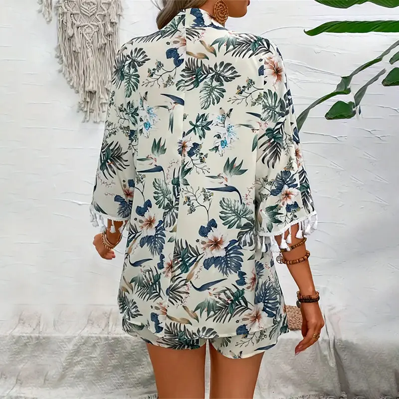 Y.KUKU Two Piece Set For Women Outfits Open-front Cardigan Smock Flower Printed Beach Shorts Summer Suits Female Clothing