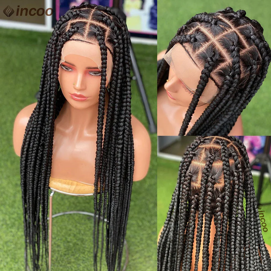 Synthetic Full Lace Box Braided Wigs For Black Women Tribal 36'' Cornrows Lace Frontal Braids Wigs Knotless Square Box Braid Wig