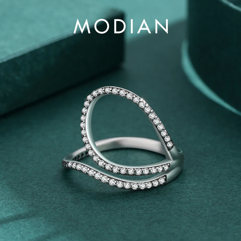 MODIAN Sparkling Clear Cubic Zirconia 925 Sterling Silver Cocktail Rings For Women Vintage Hyperbole Line Design Fine Jewelry