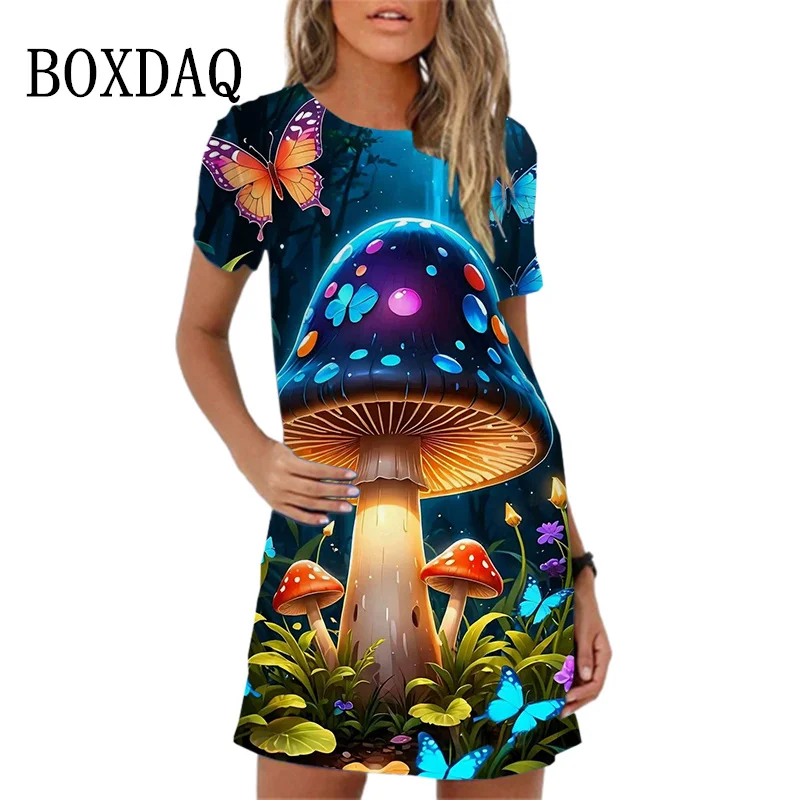 Cartoon Mushroom Print Women Dress 2024 New Summer A-Line Dress Fashion Sweet Short Sleeve O-Neck Loose Ladies Dress Vestidos