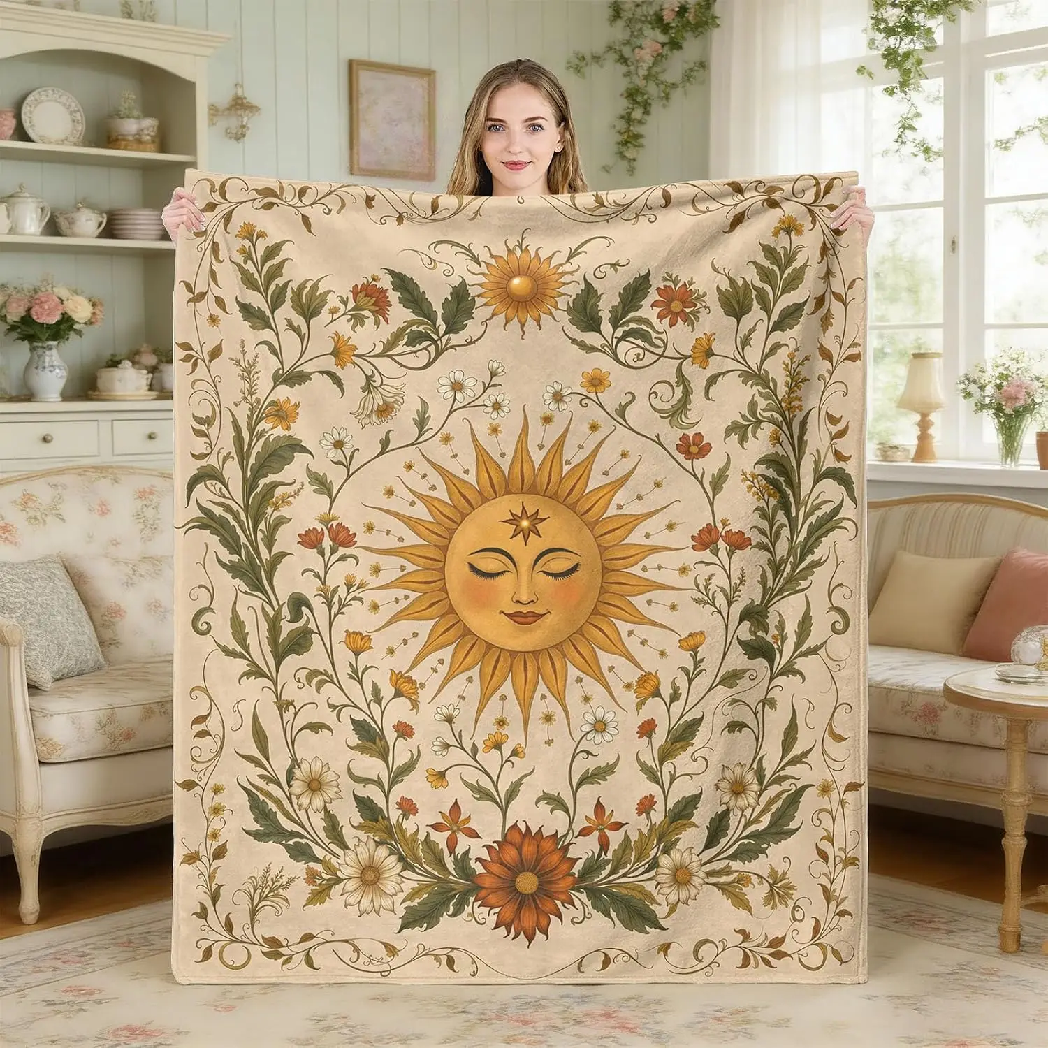 Boho Retro Closed Eyes Sun Botanical Wild Flower Vine Vintage Art Pattern Soft Blanket Fit Living Room Bed Travel Multi-scene