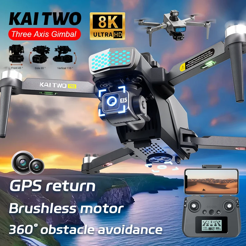 KAI TWO 3-axis Gimbal HD Aerial Photography Drone Brushless GPS 360° Laser Obstacle Avoidance Folding Aircraft  RC Quadcopter