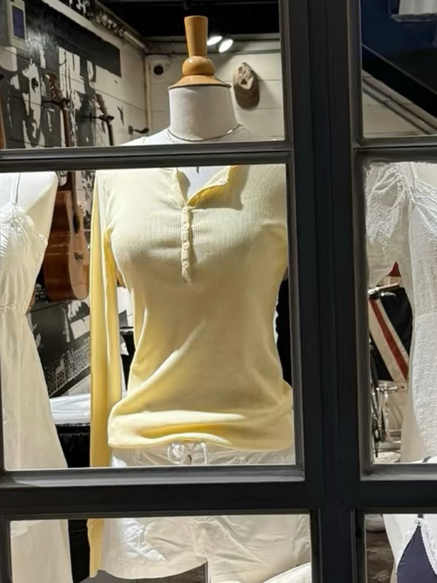 

Light Yellow Ribbed Slim Long Sleeve T-shirt Women Autumn Six Buttons Scoop Neck Tee Shirts Preppy Style Sweet Pullover Tops New