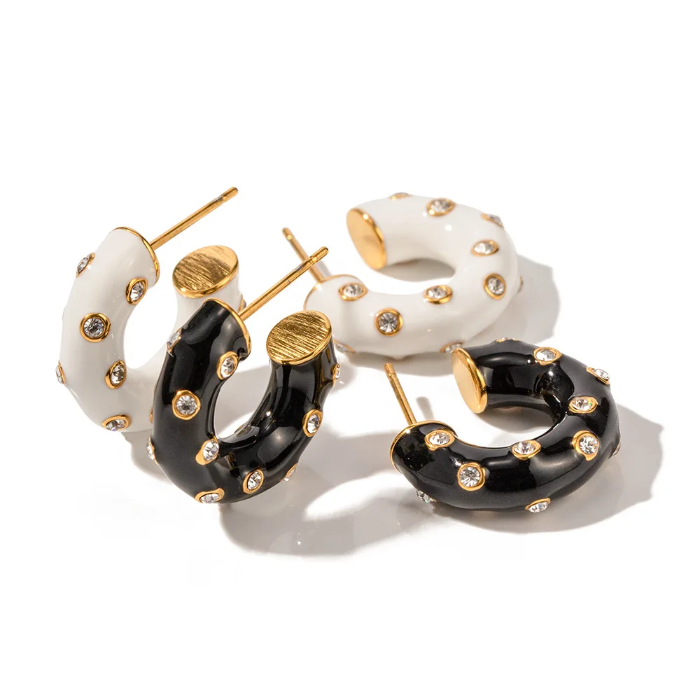 

Stainless Steel PVD 18K Gold Plated Tarnish Crystal Enemal CC Hoop Earrings For Woman Jewelry Wholesale Summer Trendy