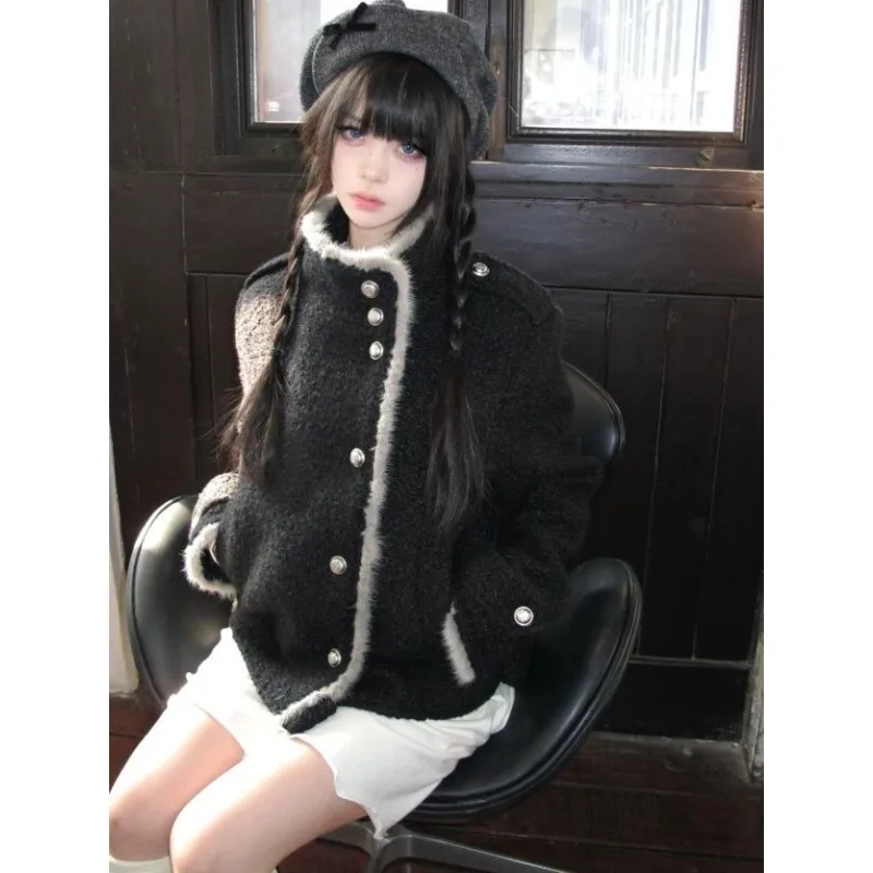 Japanese Kawaii Faux Fur Jackets For Girls Y2k Sweet Vintage Jackets Chic Elegant Subculture Holidays Turtleneck Overcoat 방수자켓