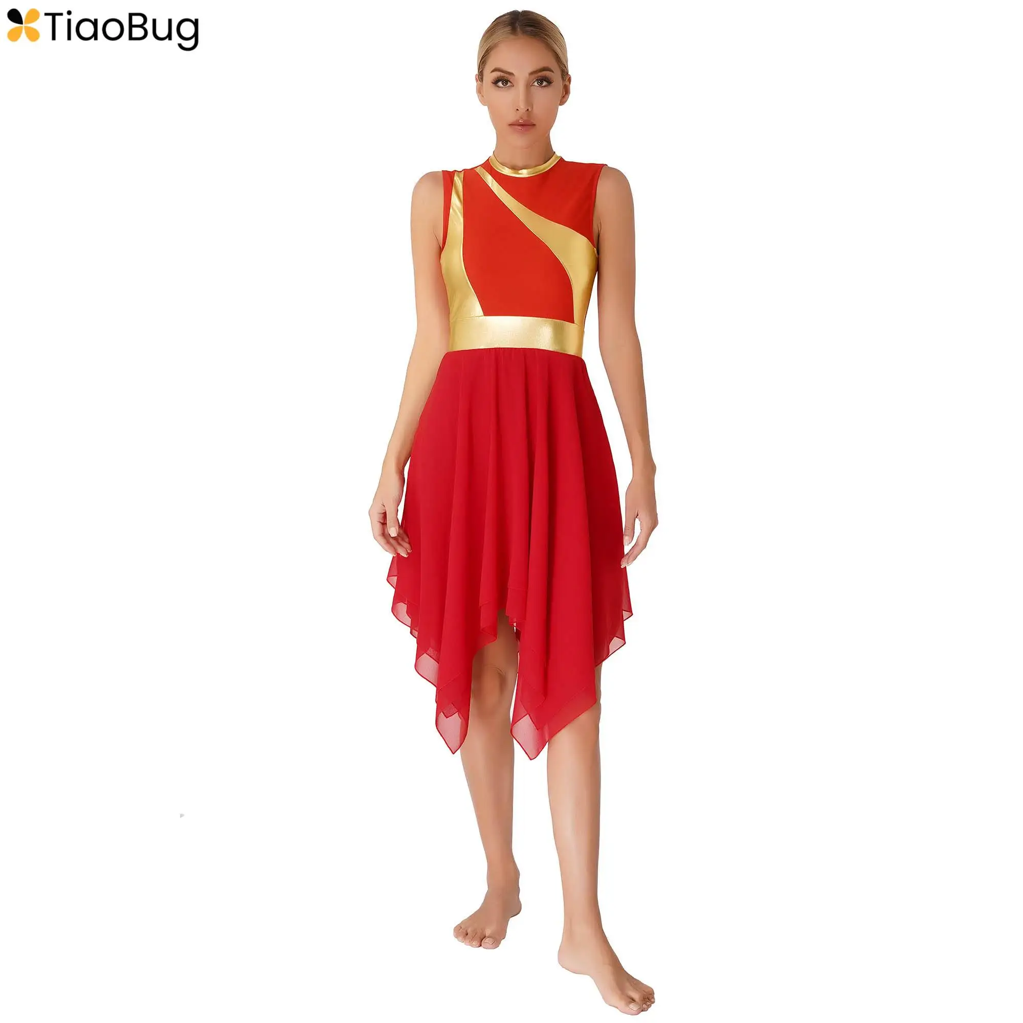 

Contemporary Lyrical Dance Dress for Womens Sleeveless Color Block Patchwork Irregular Hem Dresses Ballet Modern Dance Costume