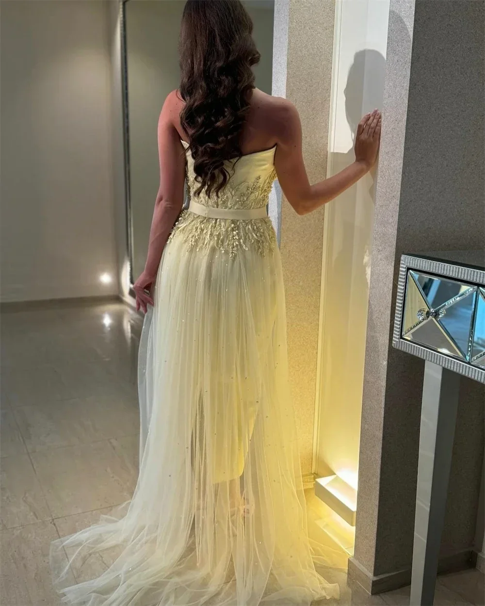 Customized Evening Dress Saudi Arabia Formal Gown Prom Irregular Collar Sheath Anke Length Open Back Tulle Hugging Bead