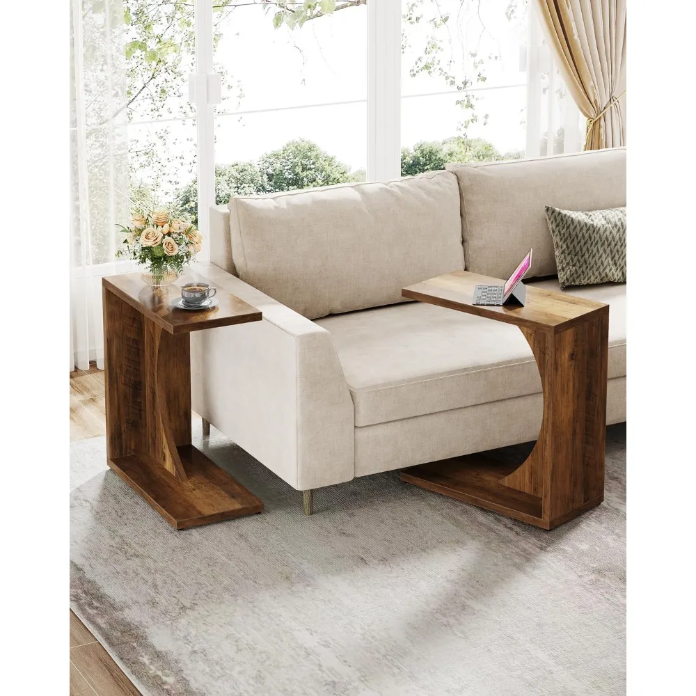Mesa auxiliar en forma de C para sofá, mesa C para sofá, juego de 2, mesa auxiliar para salón, dormitorio (2, marrón rústico)