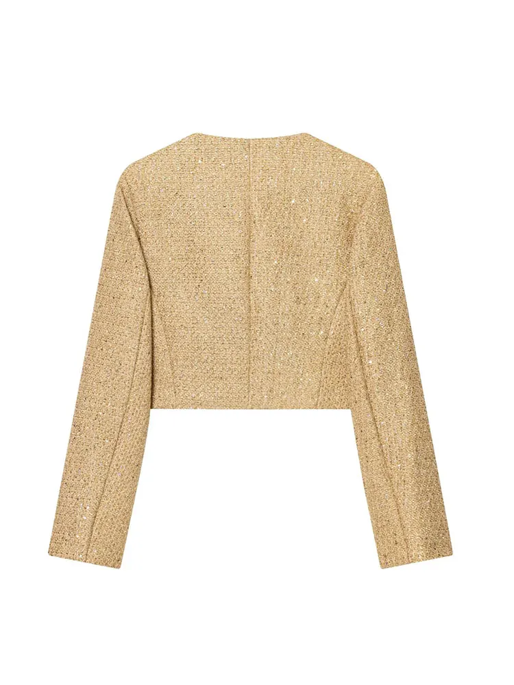 NLZGMSJ سترات نسائية أنيقة غير رسمية عتيقة مع ترتر أزرق سادة ورقبة دائرية معاطف قصيرة موضة جديدة لخريف 2025 سترات أنيقة للعطلات #2