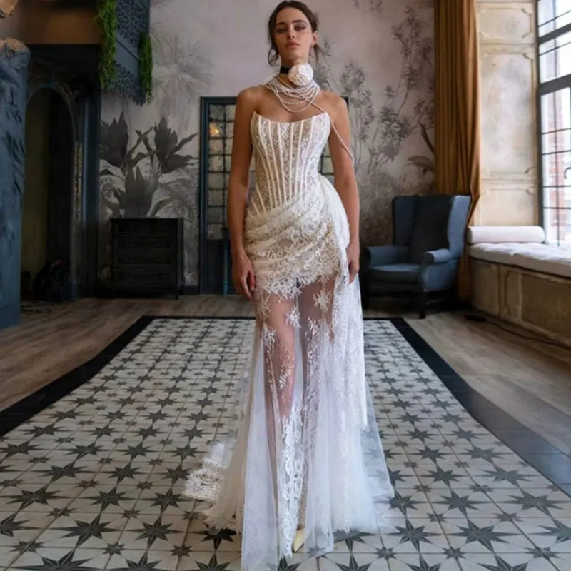 

Talenza White Lace Evening Dresses Women Sexy See Through Lace Patchwork Backless Elegant Long Dress Luxury Women Party Dresses