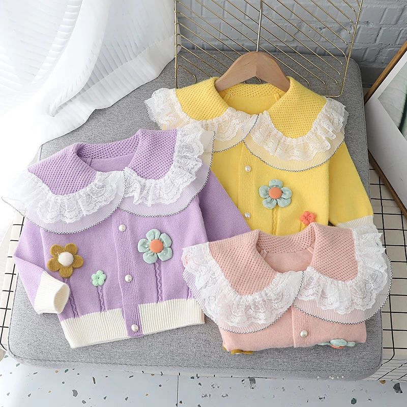 

2024 Kids Sweaters Single Breast Toddler Girls Knit Wear Cardigan Appliques Wool Jacket Cable-knit Children Clothes Tops HY05271